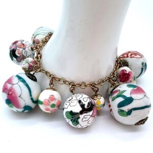 Vintage Cloisonné Bead Charm Cha Cha Bracelet Asian Floral Enamel Dangle